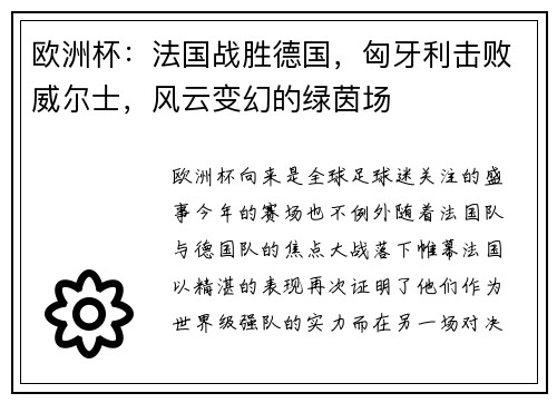 欧洲杯：法国战胜德国，匈牙利击败威尔士，风云变幻的绿茵场